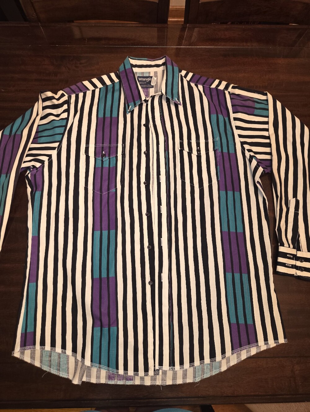 VTG Wrangler Western Striped Button-Up Shirt in Purple, Teal, Black, and White